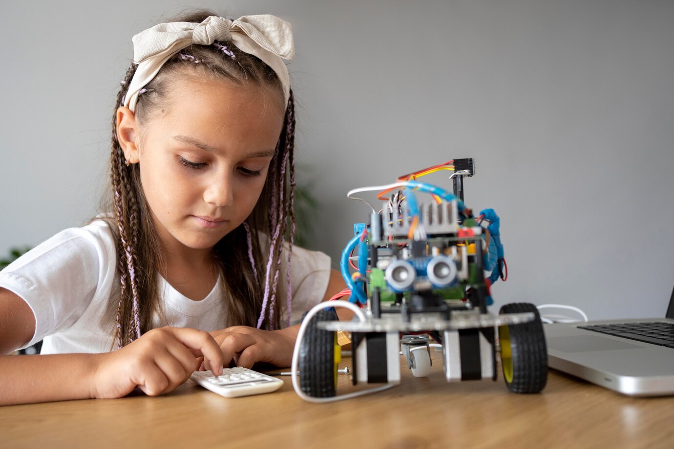 Niña construyendo robots en clases de robótica en Toledo